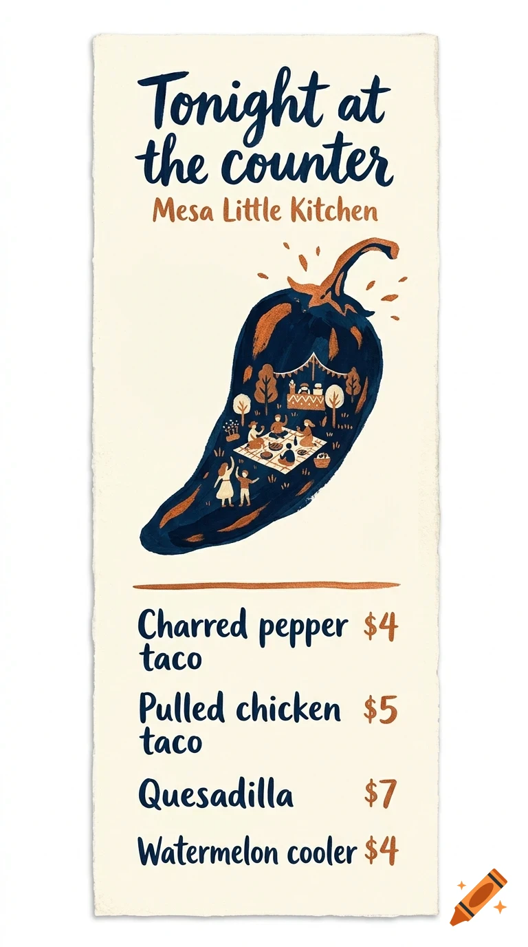 An illustrated menu poster for Mesa Little Kitchen featuring text reading 'Tonight at the counter', a large dark pepper graphic containing a tiny outdoor picnic scene, and a list of food items with prices.