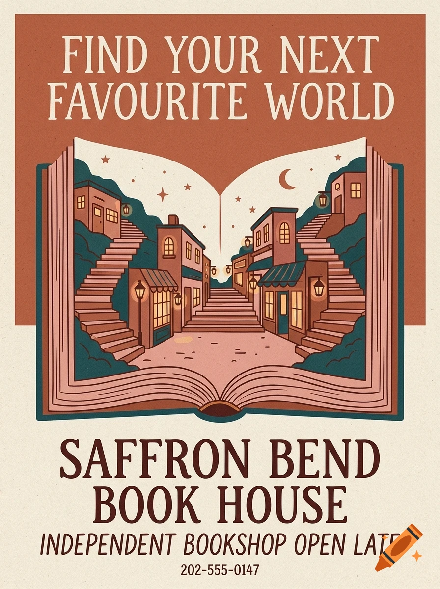 An illustrated poster for Saffron Bend Book House featuring an open book with a miniature town scene inside, beneath the text 'FIND YOUR NEXT FAVOURITE WORLD'.