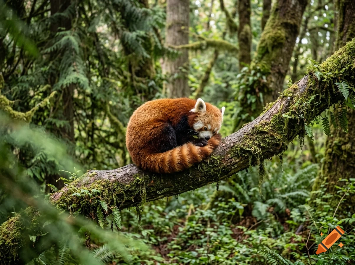 A red panda curled up asleep on a mossy tree branch in a lush green forest.