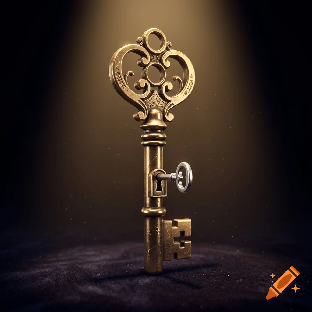 An ornate golden key standing vertically on a dark surface, with its shaft featuring a smaller keyhole and a tiny key inserted into it, under dramatic spotlighting.
