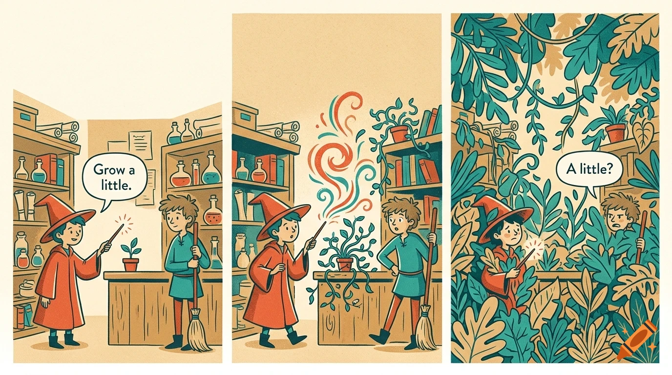 A three-panel cartoon comic showing a wizard casting a spell to grow a small potted plant, which rapidly overtakes the room in foliage.