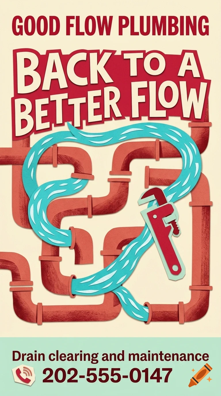 An advertisement for Good Flow Plumbing featuring red pipes, a blue stream of water, a pipe wrench, and bold text.