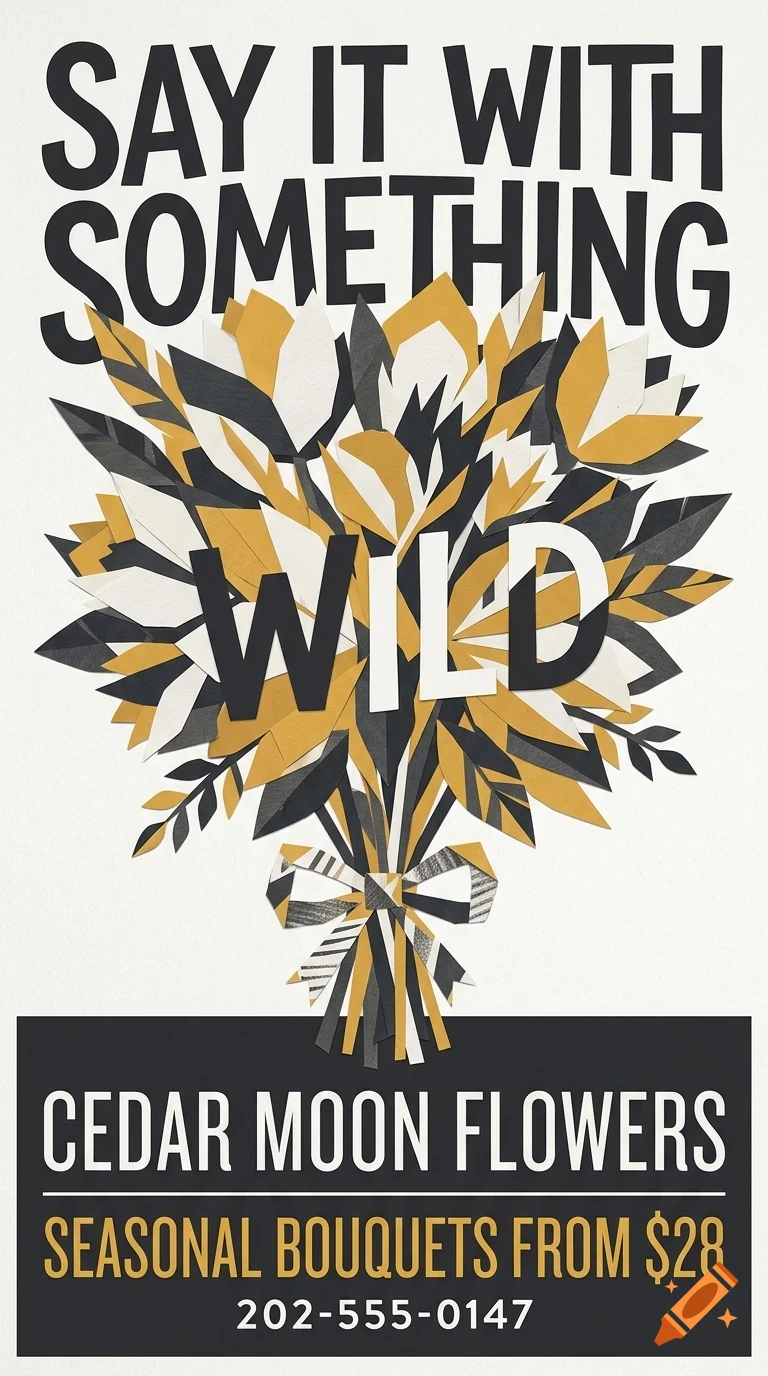 A poster featuring a bouquet of stylized paper-cut flowers in black, white, and gold, with the text SAY IT WITH SOMETHING WILD and CEDAR MOON FLOWERS.