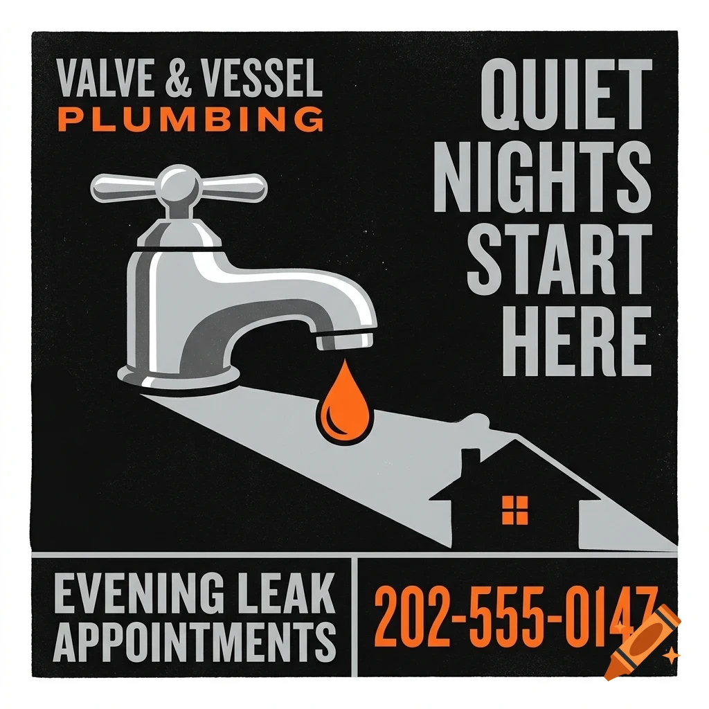 An advertisement for Valve & Vessel Plumbing featuring a faucet dripping onto a house silhouette, with text reading Quiet nights start here.