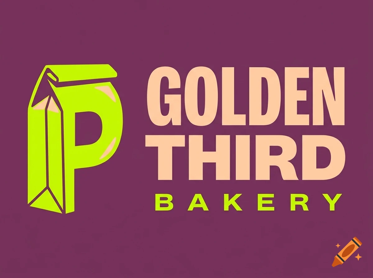 A logo for Golden Third Bakery featuring a bright green paper bag shaped like the letter P next to the text GOLDEN THIRD BAKERY on a purple background.
