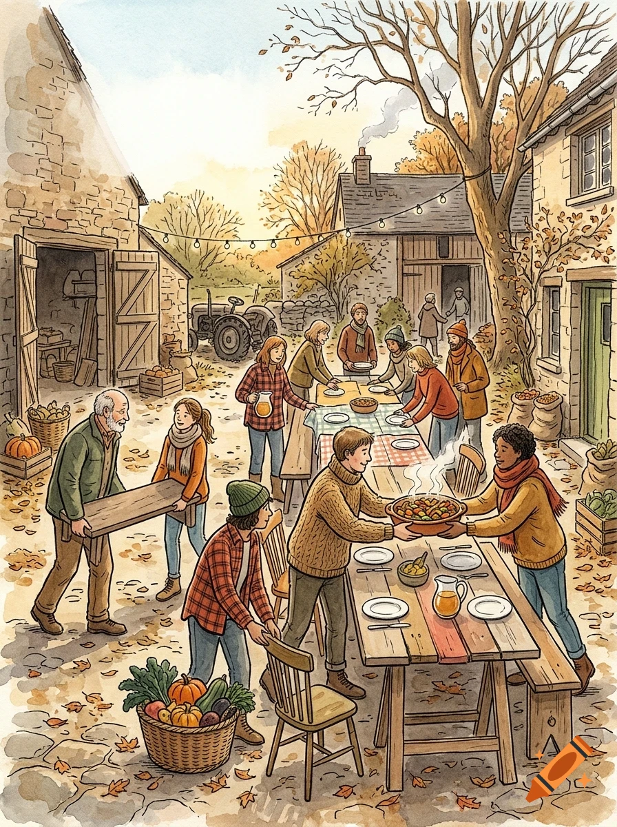 Watercolor illustration of a group of people gathering outside a farm or rural home for a meal during autumn.