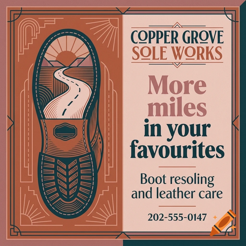 An advertisement for Copper Grove Sole Works featuring a graphic of a boot sole enclosing a road and landscape scene, alongside text reading More miles in your favourites.