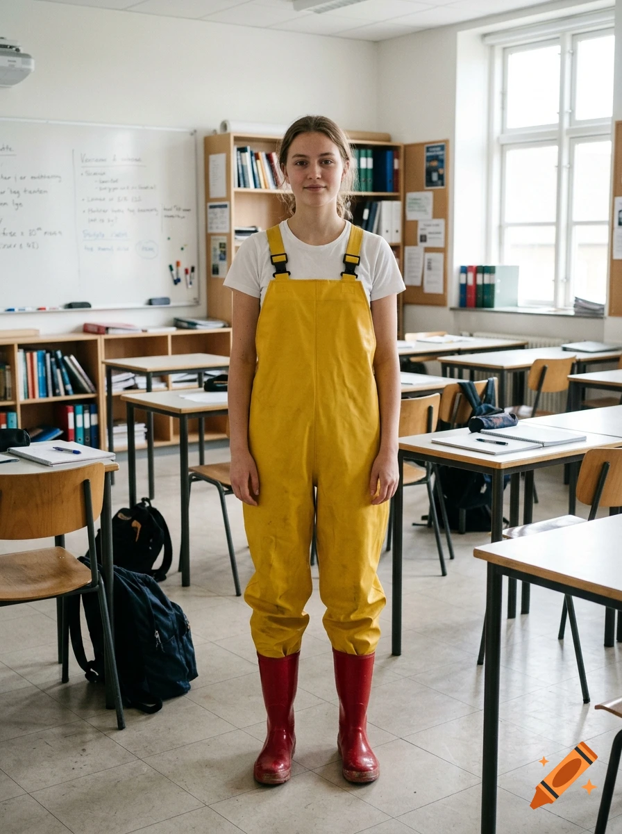 A young woman standing in a classroom wearing yellow overalls and red rain boots.
