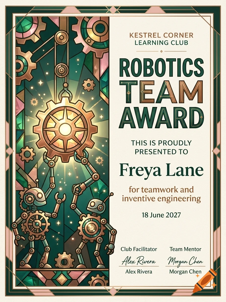An award certificate with Art Deco style borders featuring robots lifting a glowing gear, and text reading 'Robotics Team Award'.