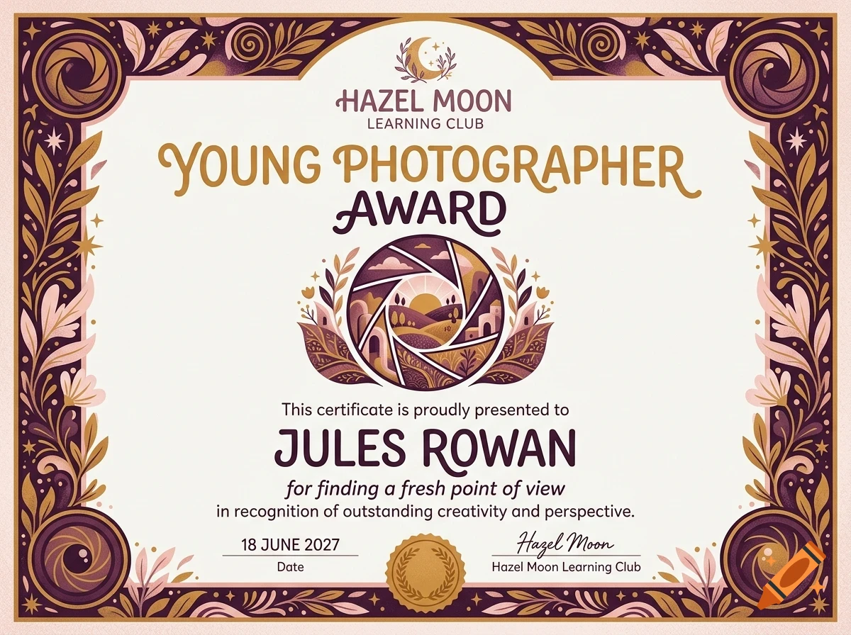 An ornate certificate for the Young Photographer Award featuring a camera aperture graphic, floral corners, and text reading Jules Rowan.