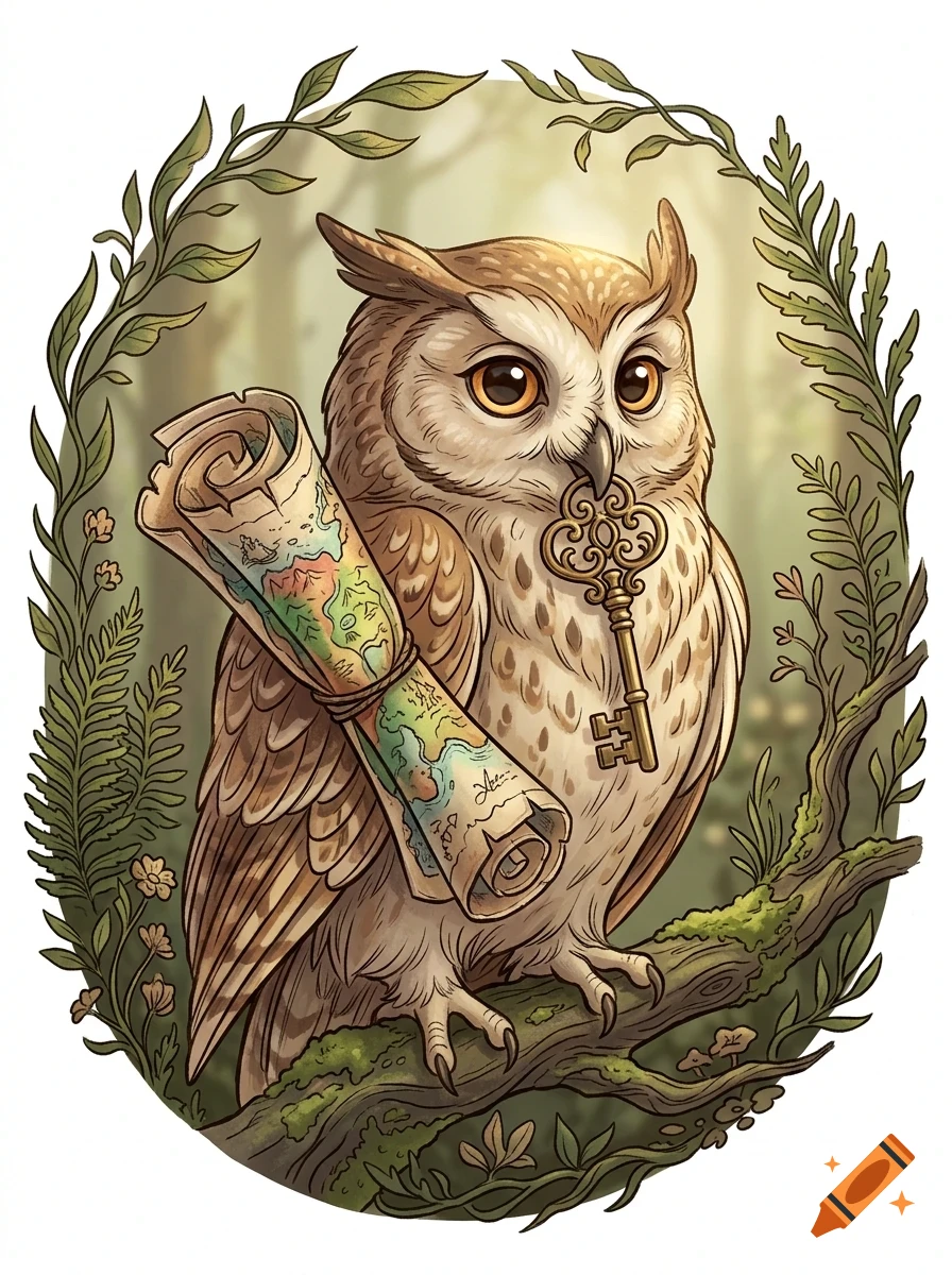 An owl perched on a branch, holding a rolled map under its wing and a vintage key in its beak, framed by foliage.