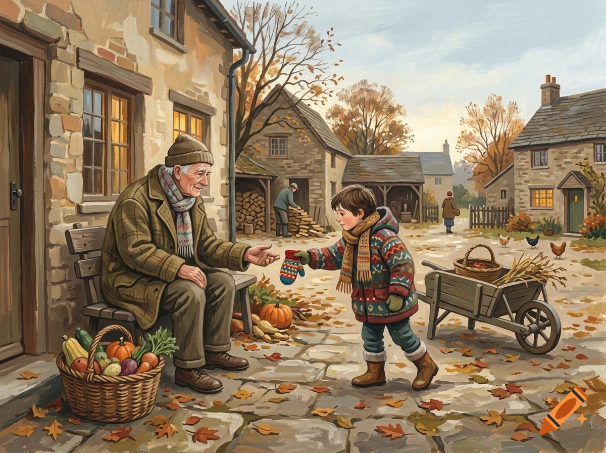 An elderly man sitting on a bench outside a stone cottage, receiving a mitten from a young child in a rural village setting.