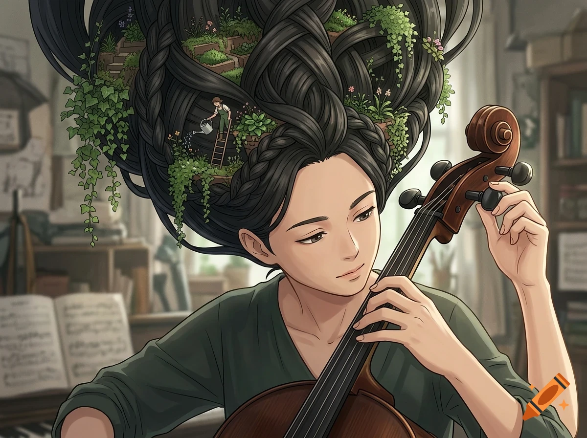 An anime-style illustration of a woman with long black braided hair forming a garden, playing a cello.