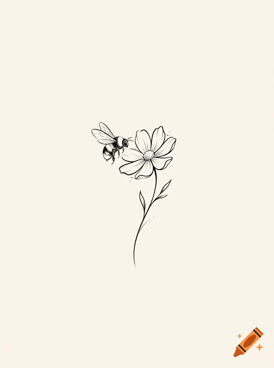 A black and white line drawing of a bee hovering near a flower on a cream background.