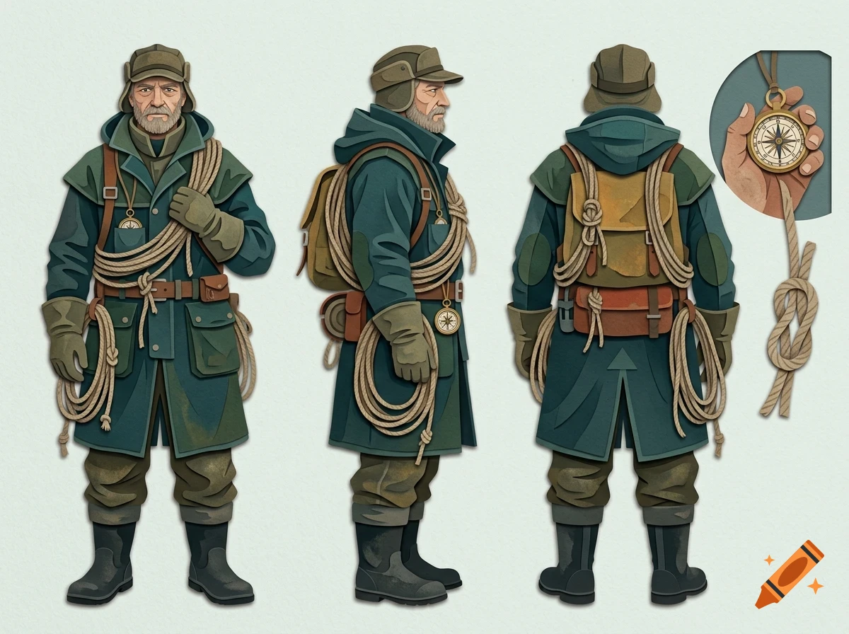 Character design sheet of an elderly male explorer in winter gear, showing front, side, and back views along with a compass detail.