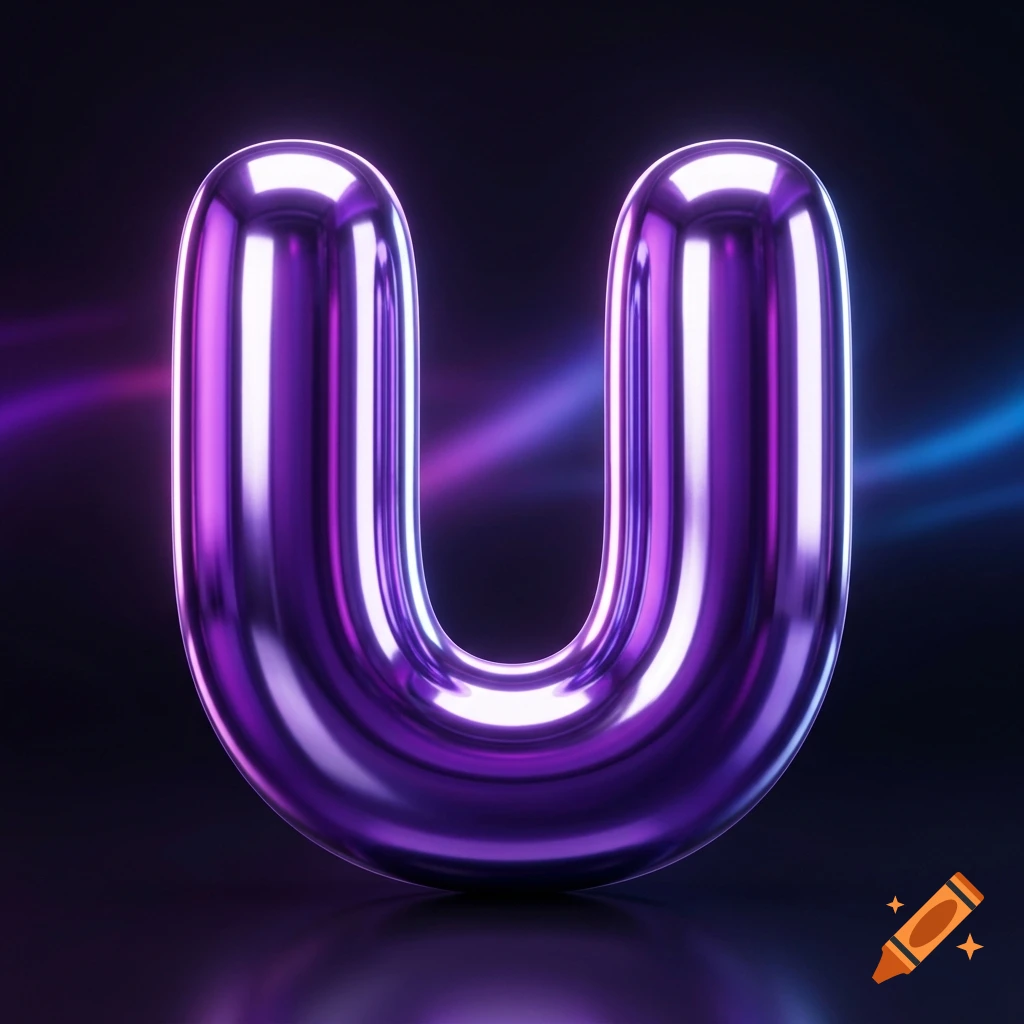 Shiny metallic purple 3D bubble letter U against a dark background with subtle blue and purple lighting.