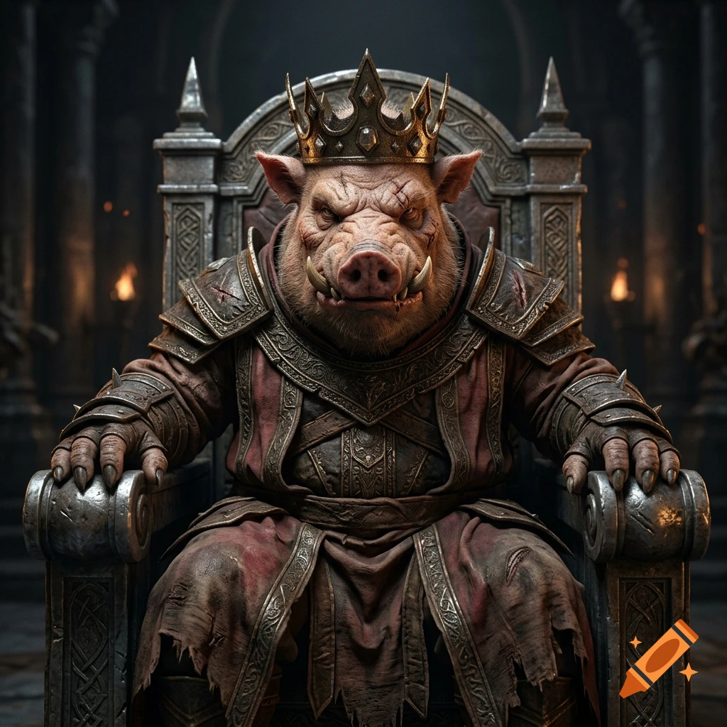 Photorealistic image of a brutish piglin king with a crown sitting on a majestic stone throne in a dark, atmospheric castle.