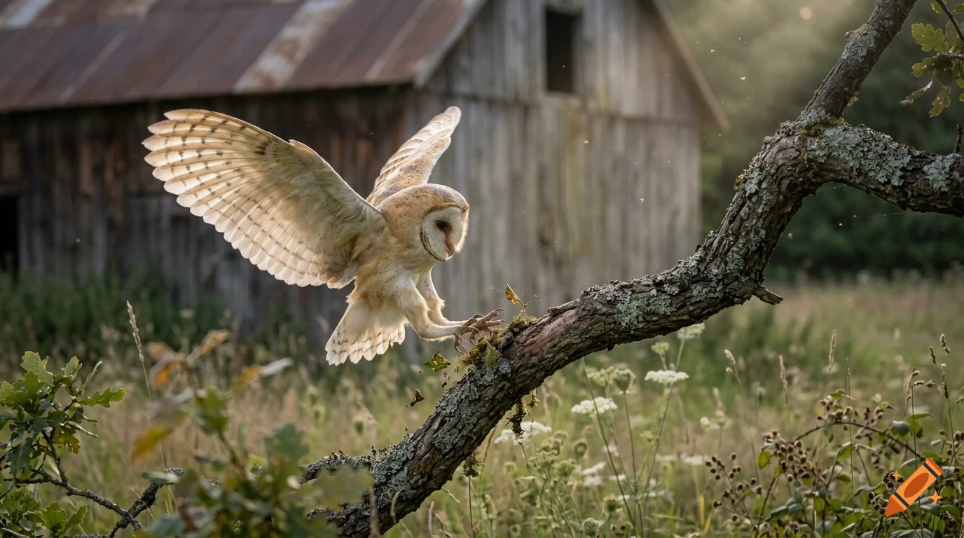 A barn owl in mid-flight landing on a tree branch in front of a rustic wooden barn.