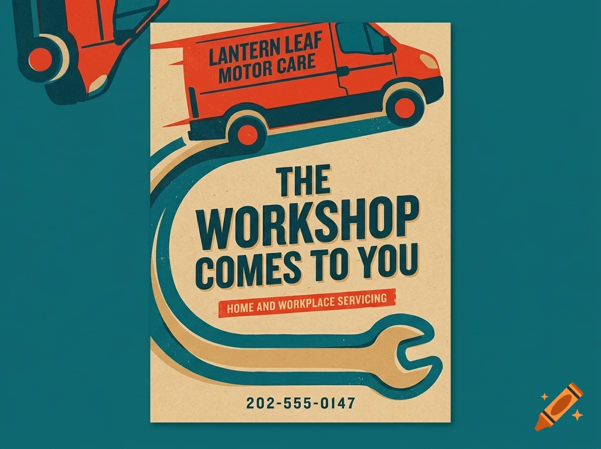 An illustrative poster for Lantern Leaf Motor Care featuring a red van and a wrench shape.