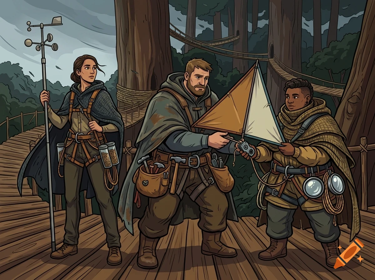 An illustrated group of three explorers in hooded cloaks holding scientific and technical equipment on a wooden walkway among giant forest trees.