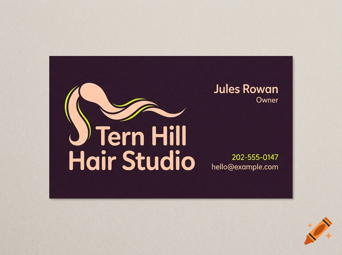 A business card for Tern Hill Hair Studio with a stylized hair graphic and text on a dark purple background.