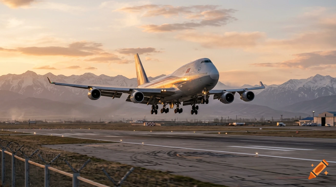 A photorealistic wide-body commercial airplane landing on a runway during sunset with snow-capped mountains in the background.