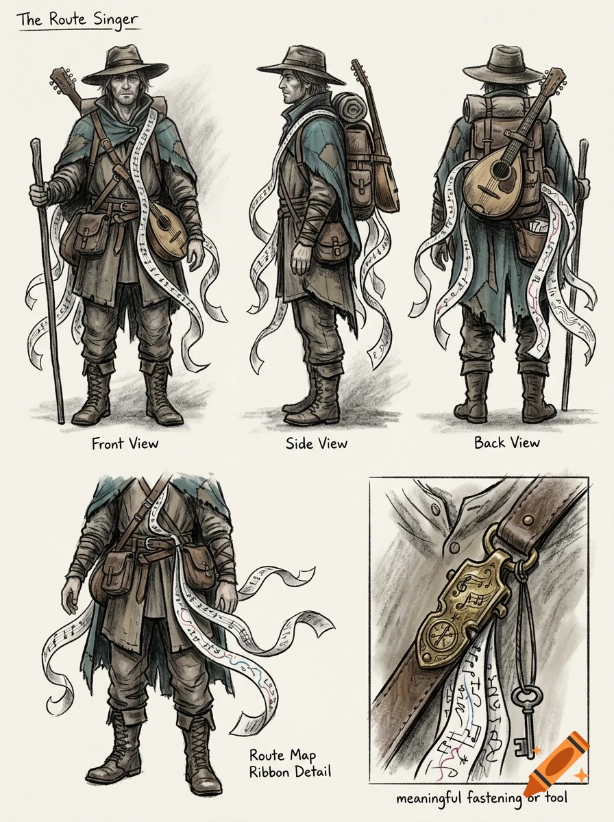 Character design sheet titled 'The Route Singer' showing front, side, and back views of a traveler with a lute, staff, and ribbon details.