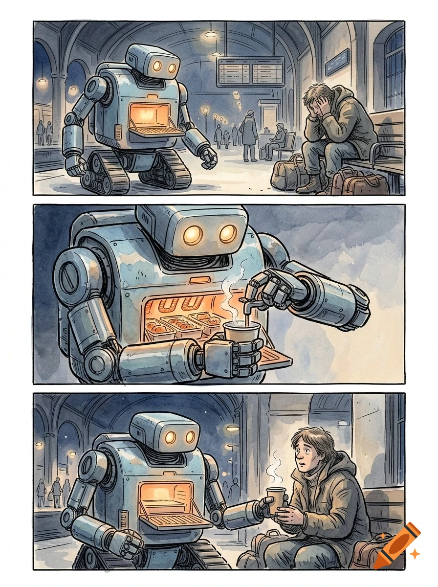 A comic strip showing a robot on treads serving a hot drink to a sad person sitting on a bench in a train station.