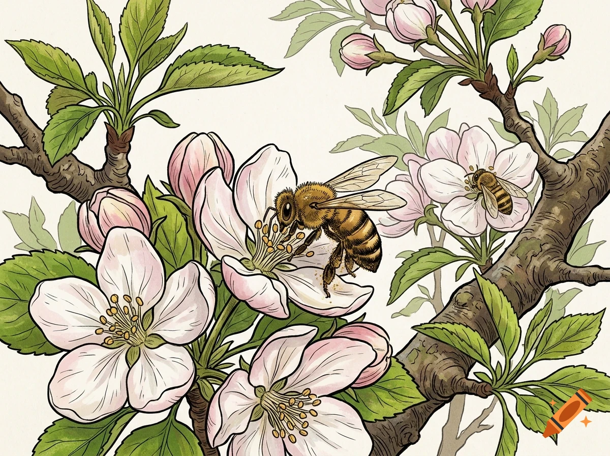 An illustration of two bees pollinating pink and white apple blossoms on tree branches with green leaves.