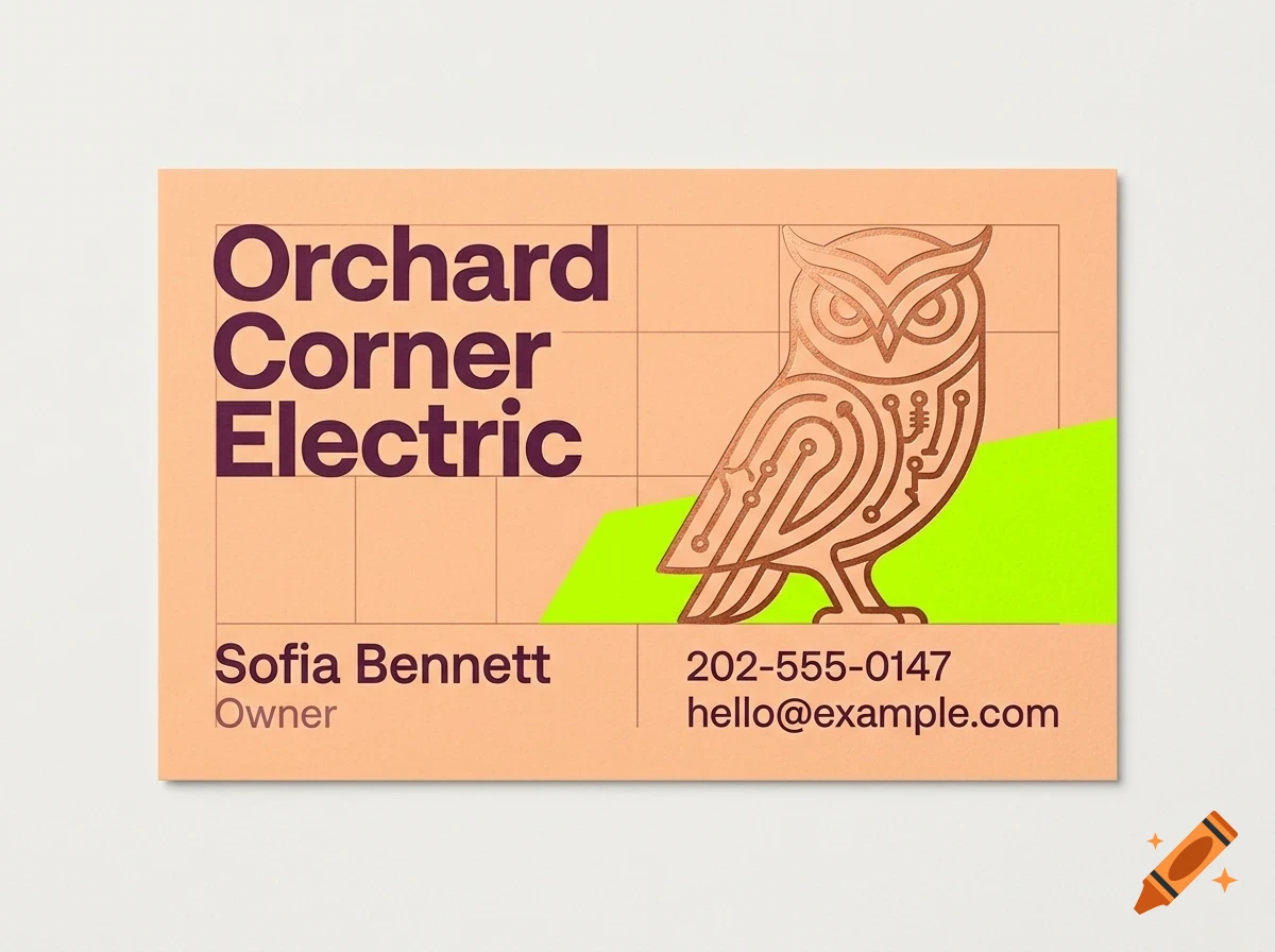 A business card with peach background displaying purple text reading Orchard Corner Electric, Sofia Bennett Owner, phone number, email, and an outline drawing of an owl.