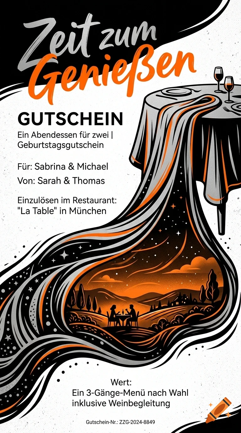 A stylized poster for a dinner voucher with German text, featuring an illustrated table that opens up into a romantic landscape scene with two people dining.