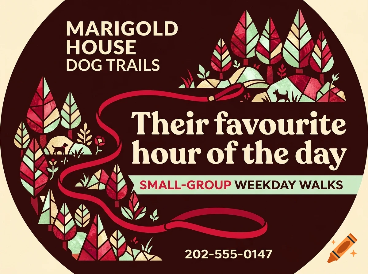 An illustrated logo for Marigold House Dog Trails featuring stylized trees, a dog leash, and text.