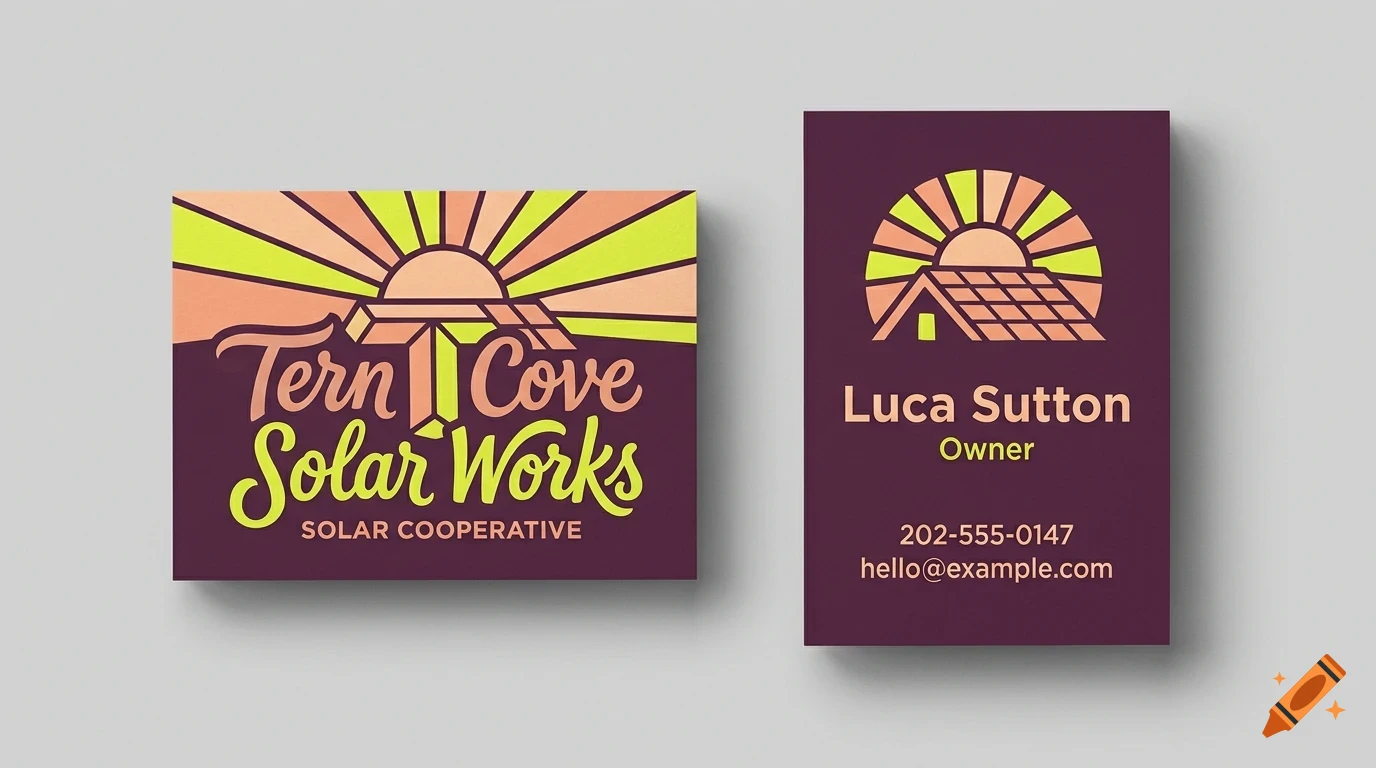 Two business cards for Tern Cove Solar Works with a sun and roof logo design.
