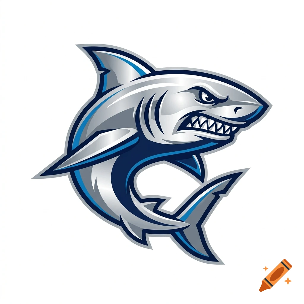 A stylized silver and blue cartoon shark in an aggressive sports logo pose with a clean white background.