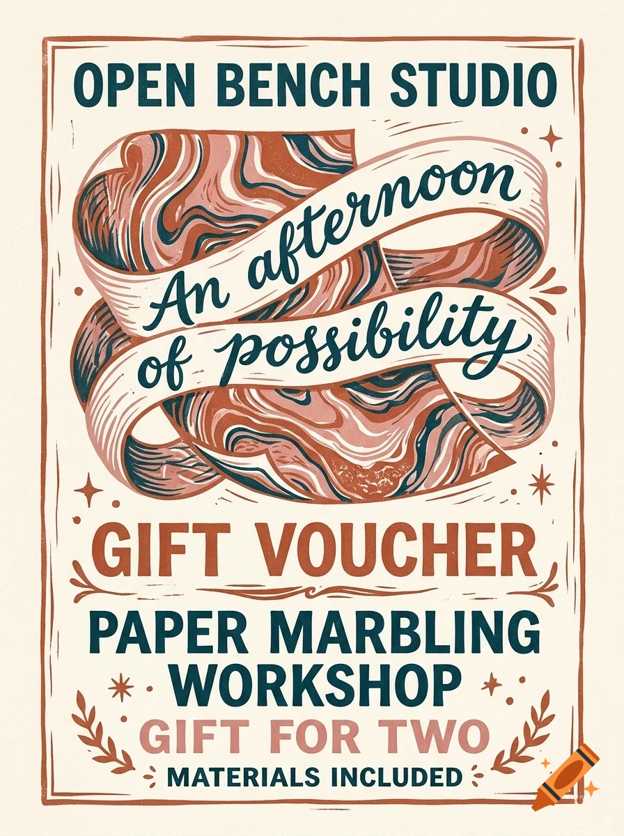 A vintage-style poster for Open Bench Studio featuring marbled paper patterns, a banner, and text reading 'An afternoon of possibility' and 'Gift Voucher'.