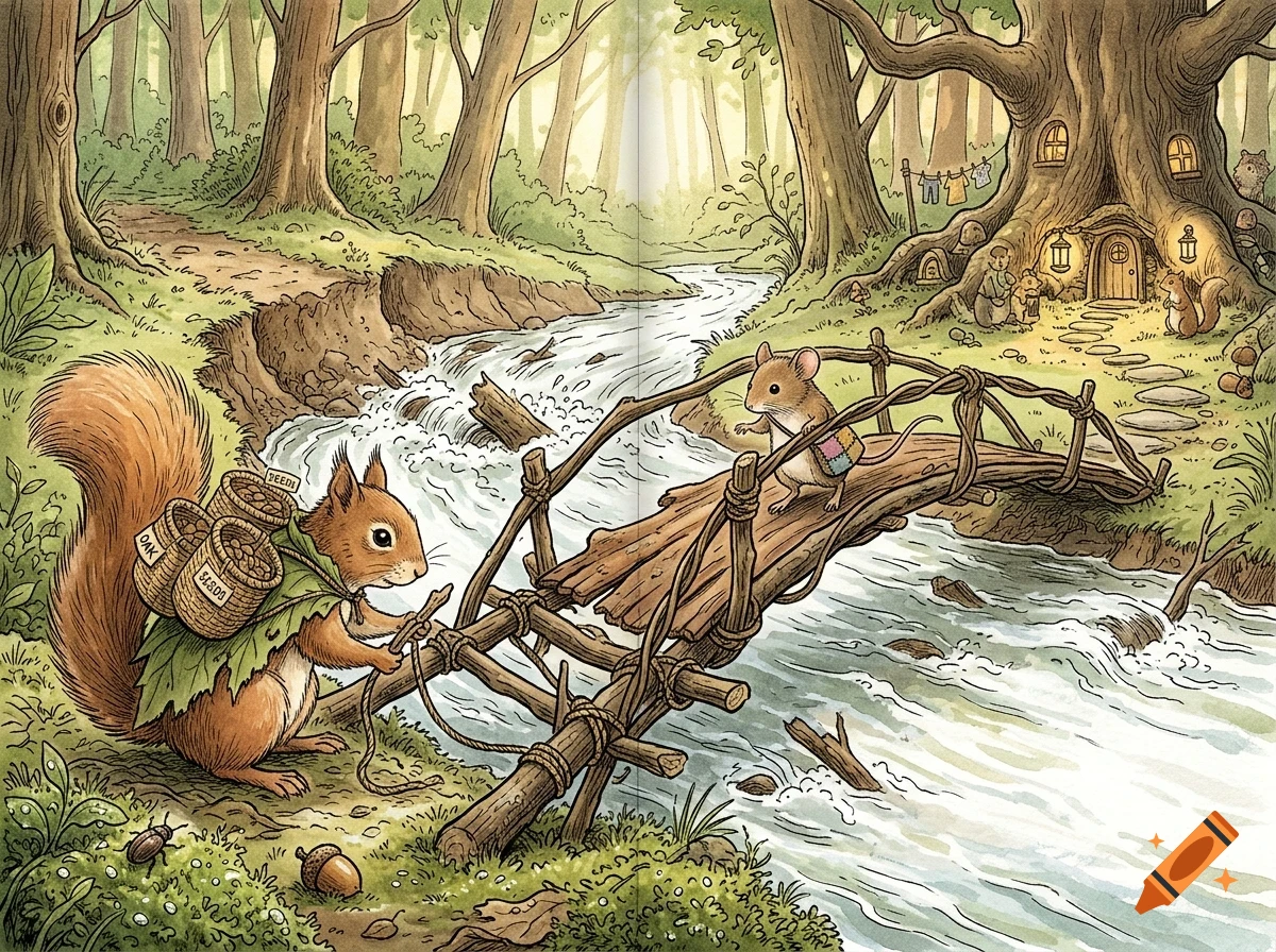 An illustrated woodland scene with a squirrel carrying baskets on a rustic wooden bridge crossing a stream toward a hollow tree house inhabited by animals.
