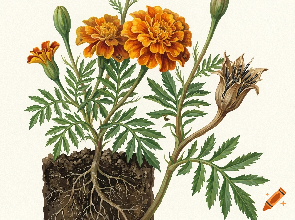 An illustrated botanical drawing of orange marigold flowers, green leaves, buds, exposed roots in soil, and a seed pod.