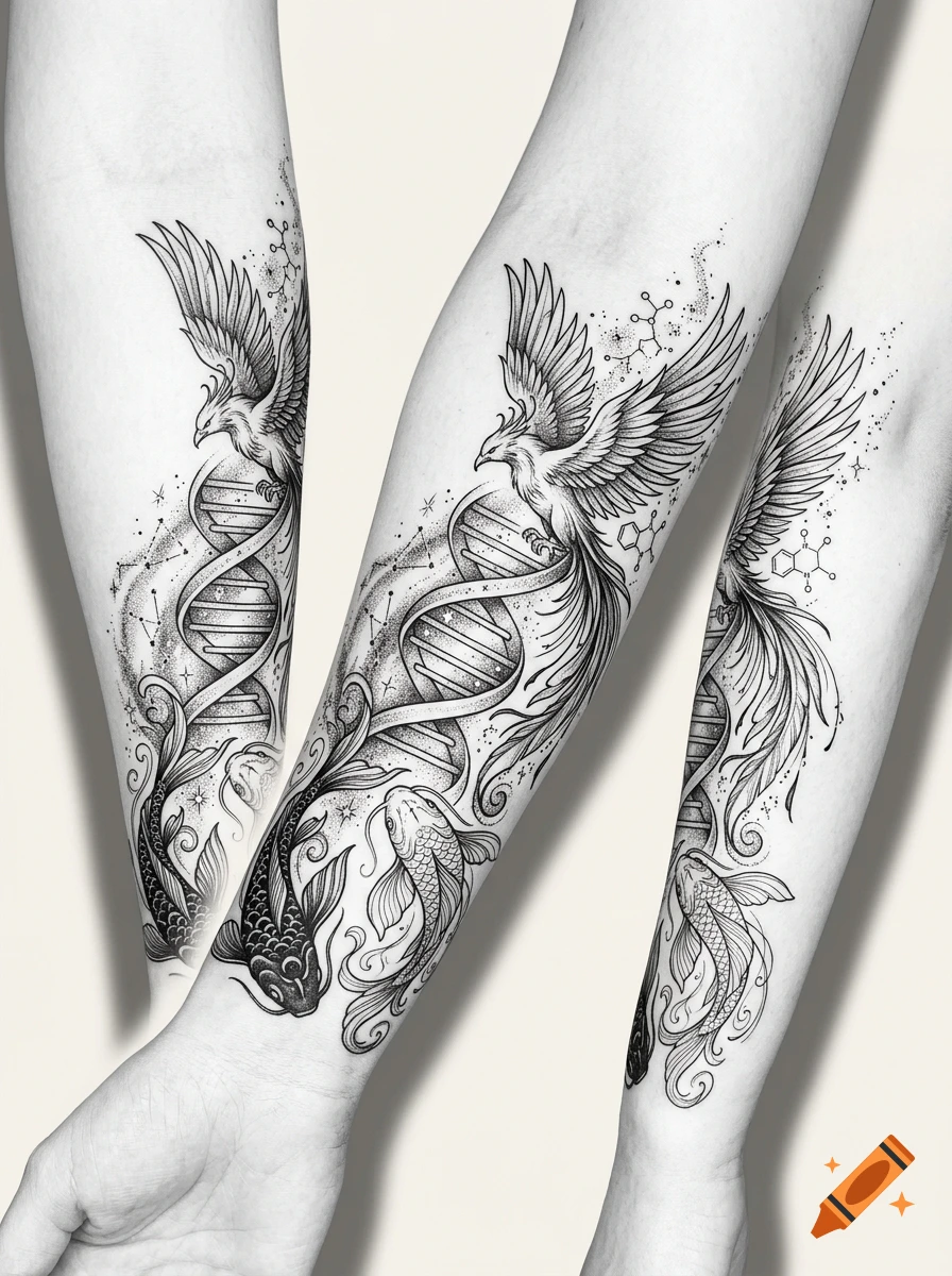 Black and grey illustrative tattoo design featuring a DNA strand, a phoenix, and koi fish on an arm.
