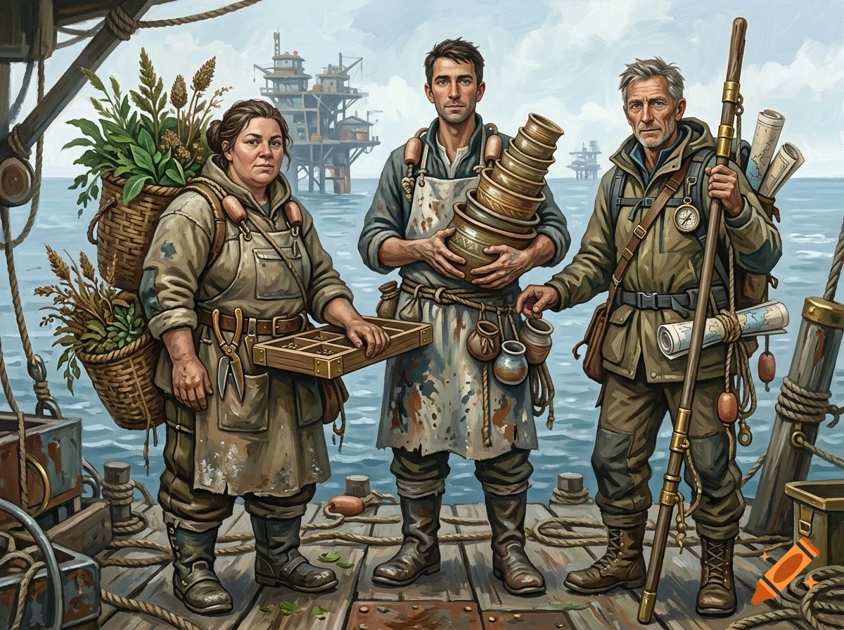 Three people stand on a wooden dock with industrial sea structures and ocean in the background, holding baskets, pottery, and a walking stick.
