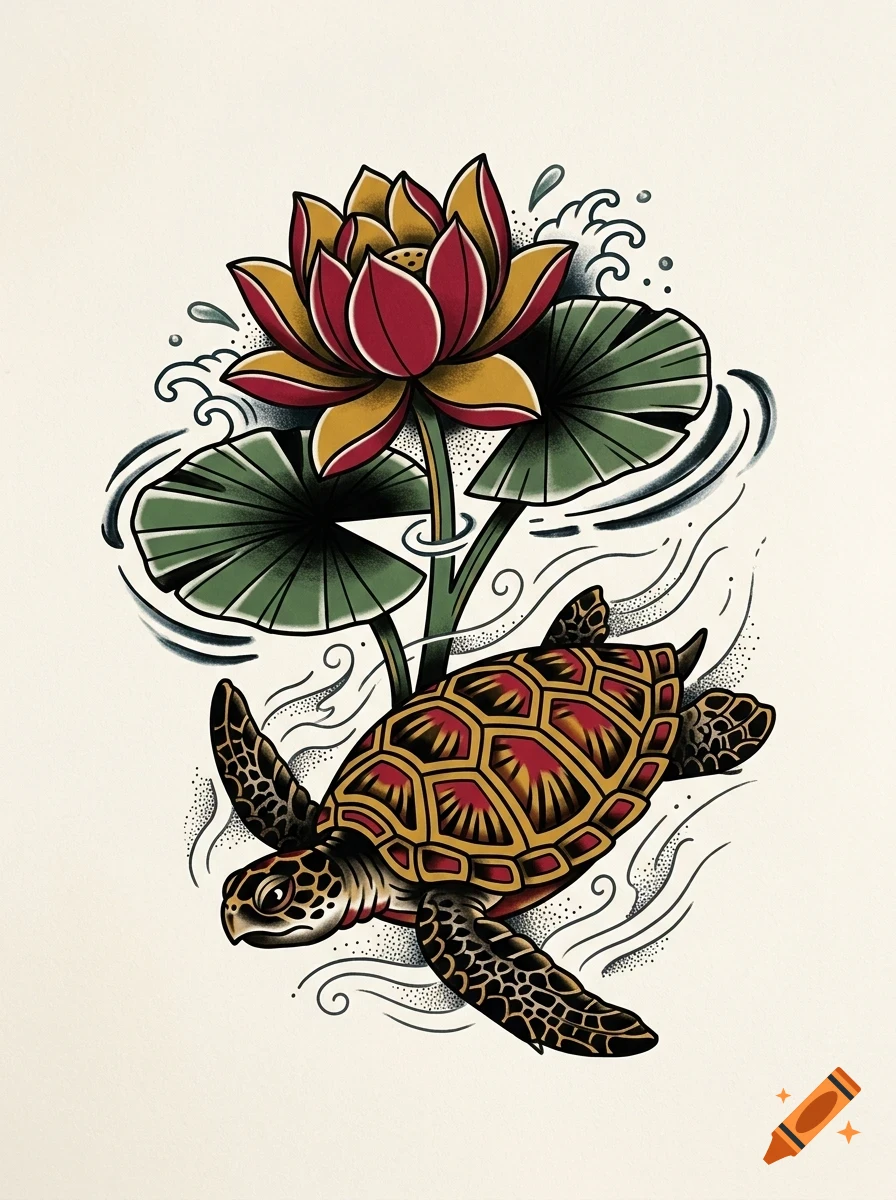 An illustration of a sea turtle swimming beneath a lotus flower and lily pads in water, rendered in a traditional tattoo style.