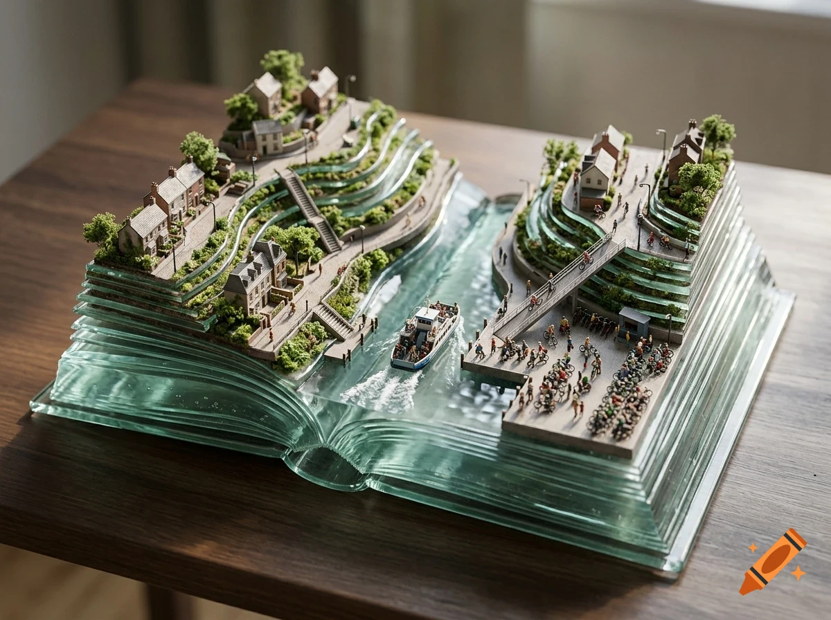 An intricate miniature diorama built inside a glass book sculpture, featuring terraced hills with houses, tiny people, bicycles, and a boat on a water channel.