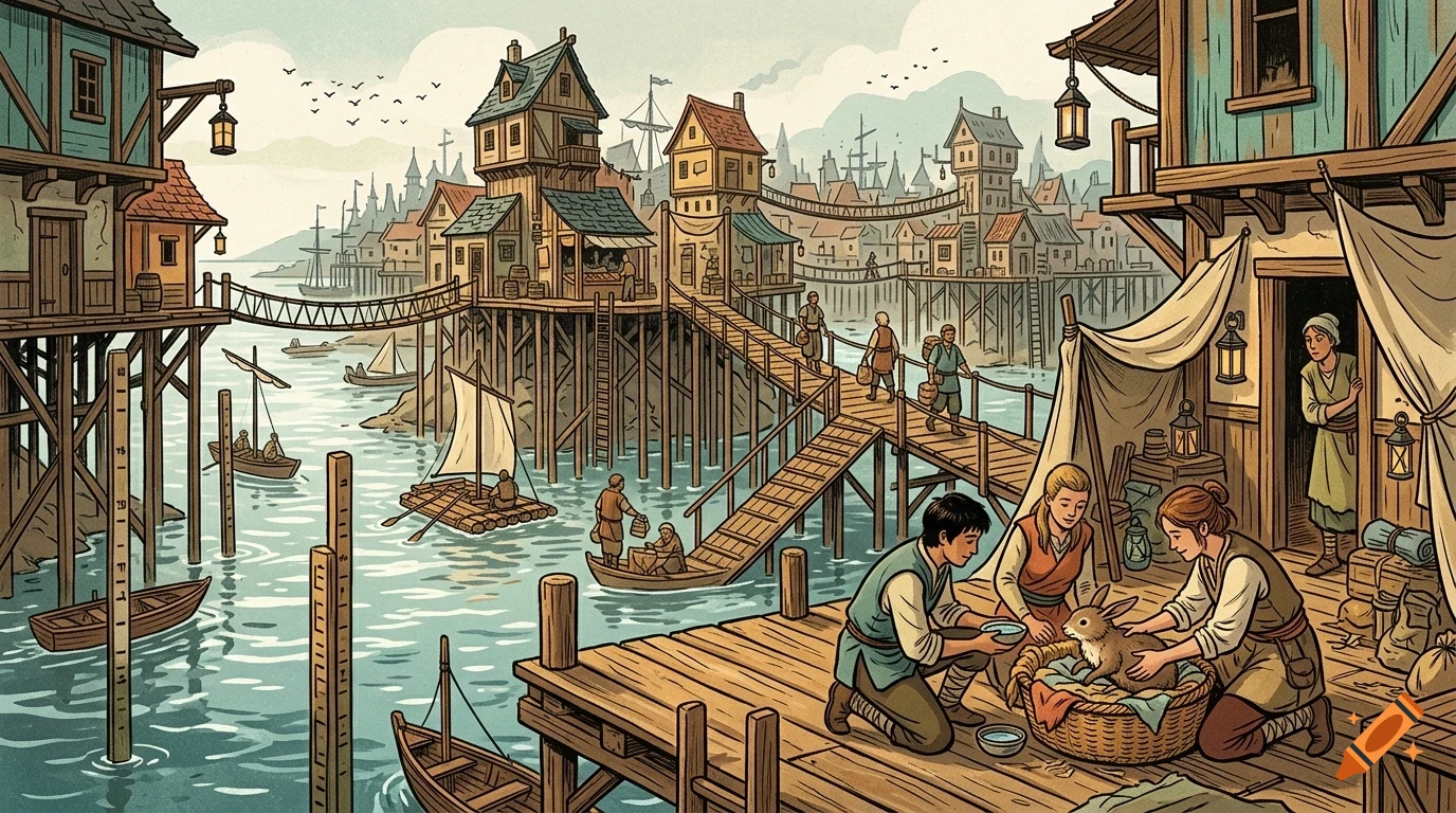 An illustrated bustling harbor town built on wooden stilts over water, with people and boats, and a group on a dock tending to a rabbit.