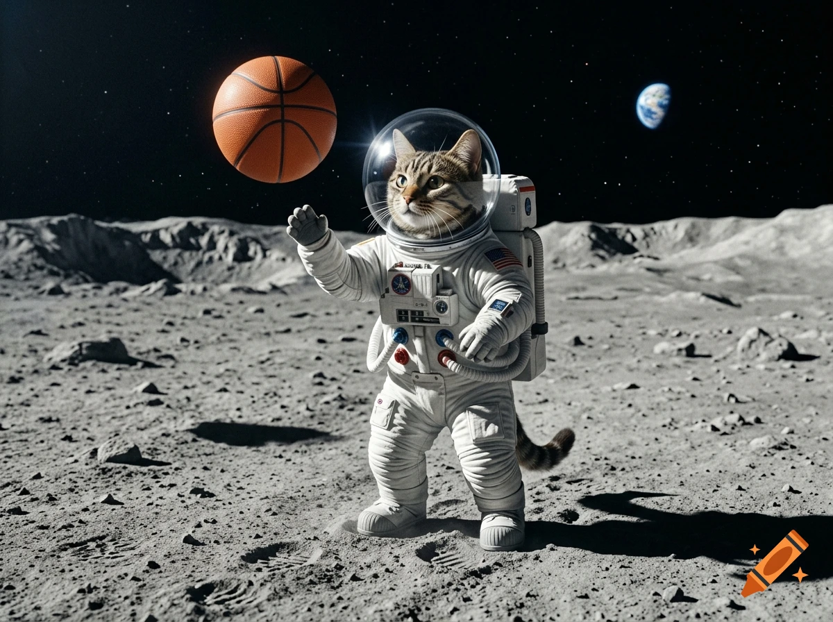 Photorealistic image of a tabby cat in a space suit standing on the moon holding a basketball.