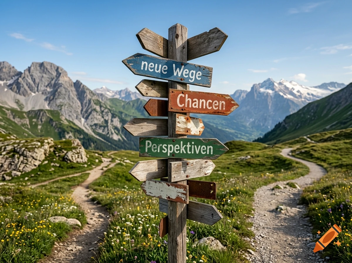 Photorealistic wooden directional signpost in an alpine landscape with mountains, valleys, and diverging paths.