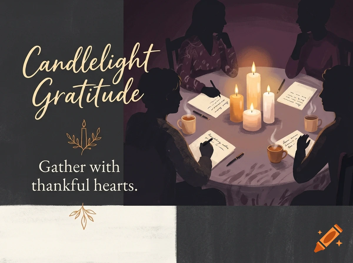 An illustration of four people seated around a table lit by candles, writing notes and drinking coffee, accompanied by the text 'Candlelight Gratitude' and 'Gather with thankful hearts.'