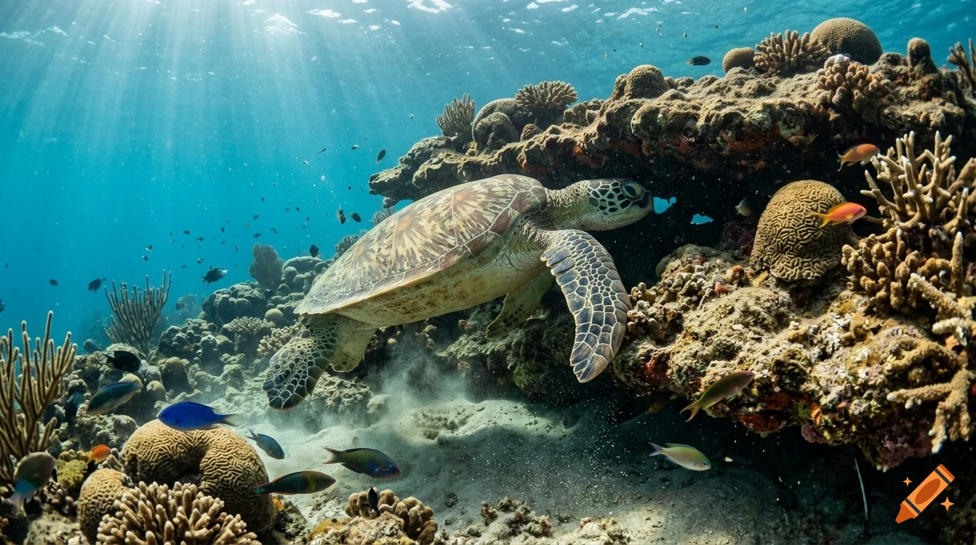 A sea turtle swimming near a coral reef with sunlight filtering through the water.