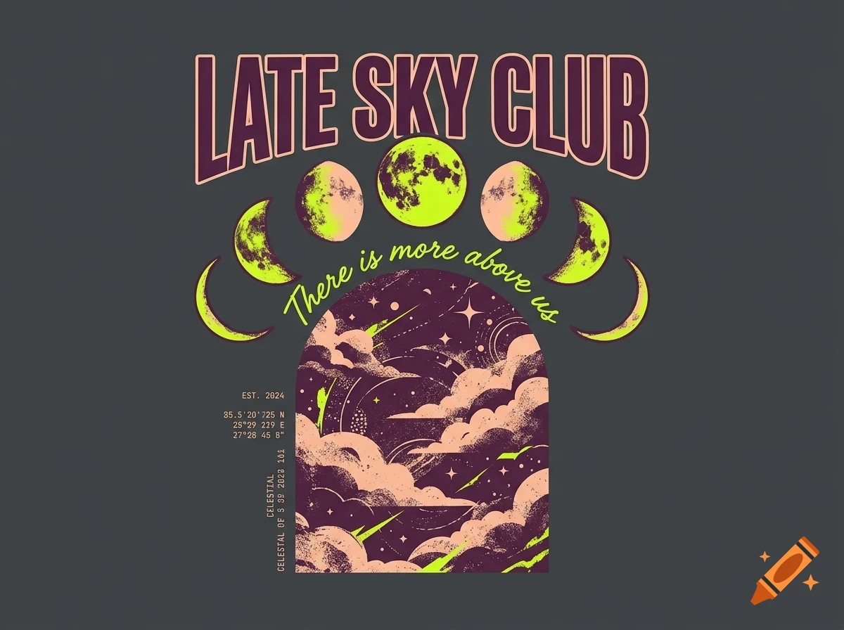 A celestial-themed design featuring moon phases, clouds, stars, and the text "LATE SKY CLUB" and "There is more above us".