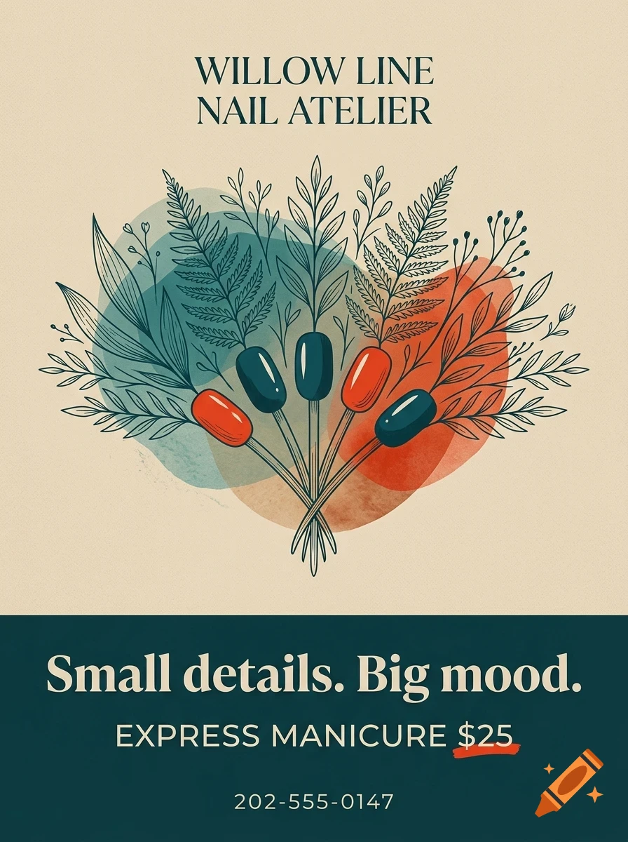 An illustration featuring stylized botanical elements, fern-like leaves, and fingers with painted nails, accompanied by text 'Willow Line Nail Atelier'.