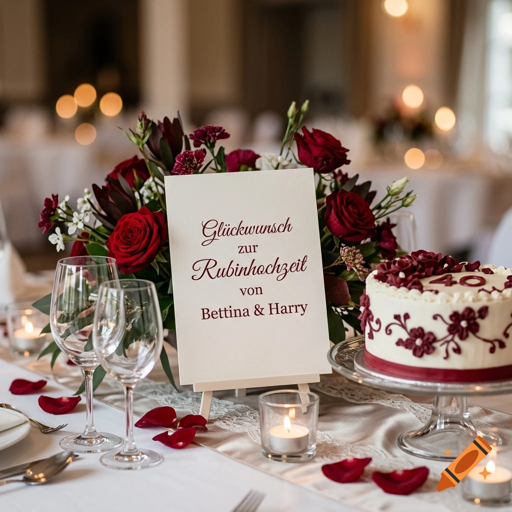 Photorealistic table setting for a ruby wedding anniversary with a centerpiece, candles, wine glasses, and a decorated cake.
