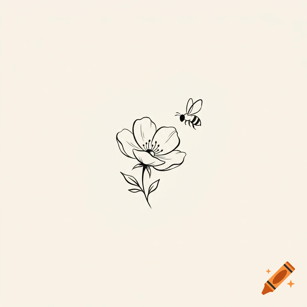 A simple black ink line drawing of a flower and a bee flying near it against a plain cream background.